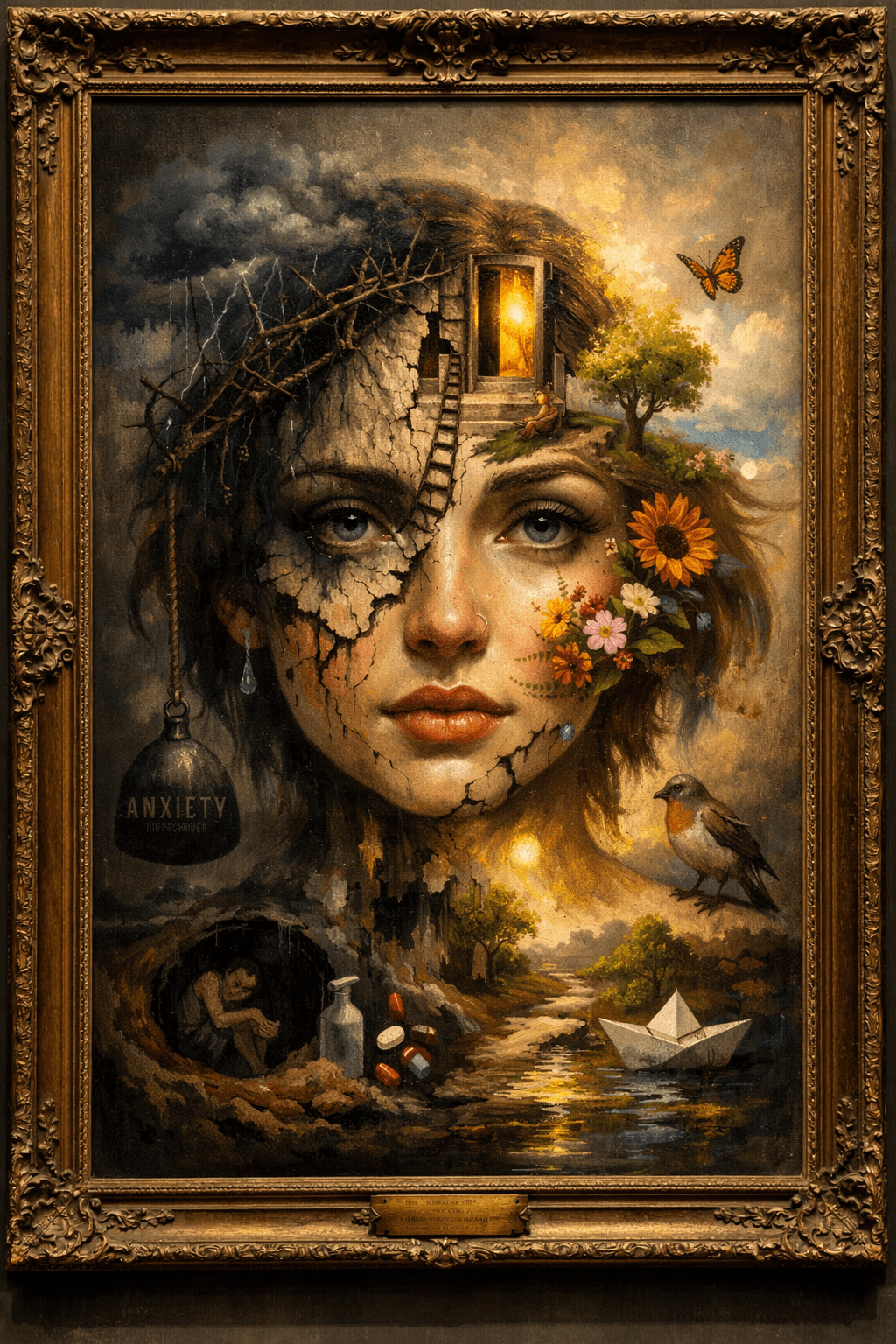 A surreal portrait of a woman’s face emerging from shadow and light, layered with organic textures, flowers, and warm golden tones.